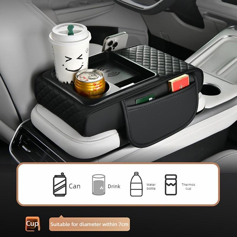 Multifunctional Car Armrest Box with Wireless Charging, Thicken Height Pad Arm Rest Cushion Storage Box Phone Cup Tissue Holder