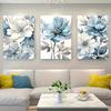 3pcs Blue & White Floral Canvas Art Set - Elegant Modern Flower Paintings for Living Room, Bedroom, Home Office, Cafe Decor - Fr