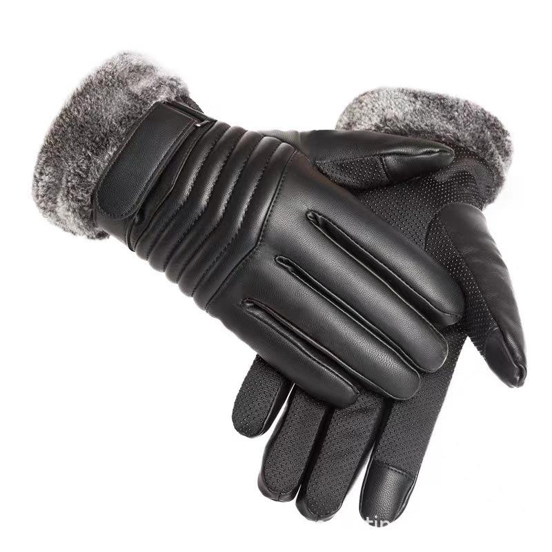 Leather Gloves Men's Winter Cycling Windproof Waterproof Piled Thickened Warm Motorcycle Riding Gloves Winter Touch Screen