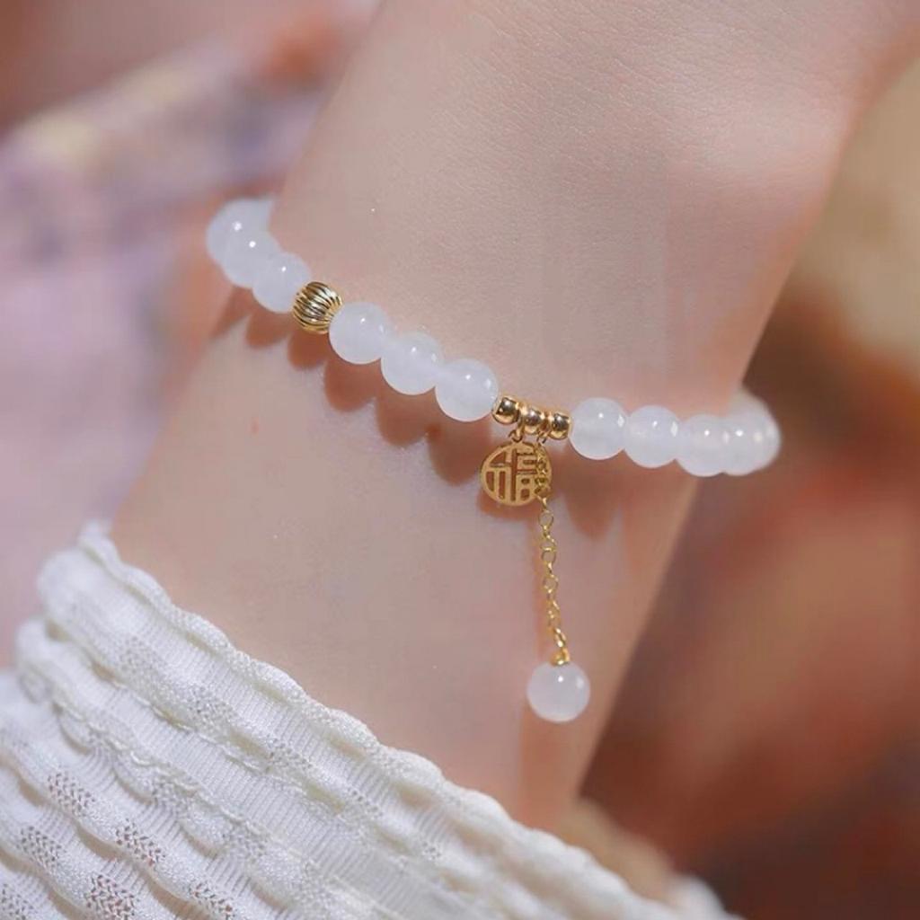 White Jade Fortune Bracelet, Natural Hetian Jade White Jade Bracelet, Chinese Style Long Chain White Jade Bracelet with Fortune Charm, Niche for