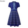 ZANZEA Women Print Casual Summer Stand Collar Short Sleeve Dress