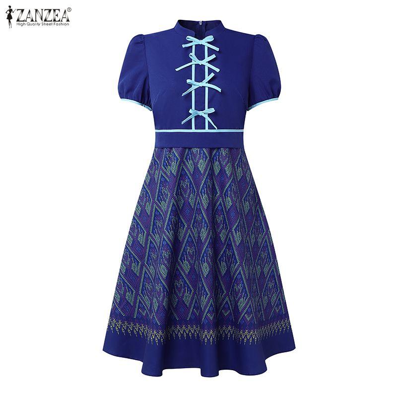 ZANZEA Women Print Casual Summer Stand Collar Short Sleeve Dress