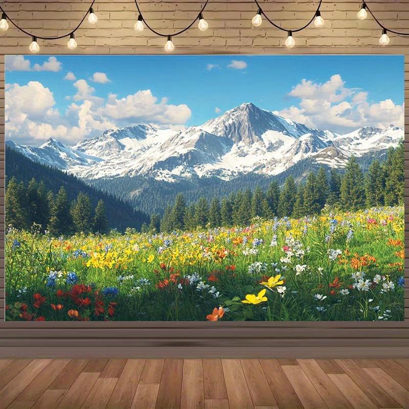 1 piece of 2D mountain background cloth with snow peaks forests and colorful wildflower fields no electricity required 180X110