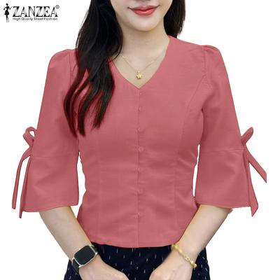 Dame Casual V-hals Sommer Vid 3/4 Erme Løs Bluse