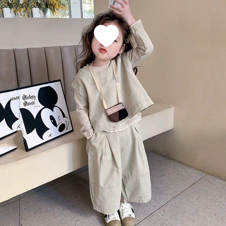 

Girls Autumn Mori Style Wide-Leg Pants Set - Trendy 3-Piece for 2025 90 cm кофейный/зелёный