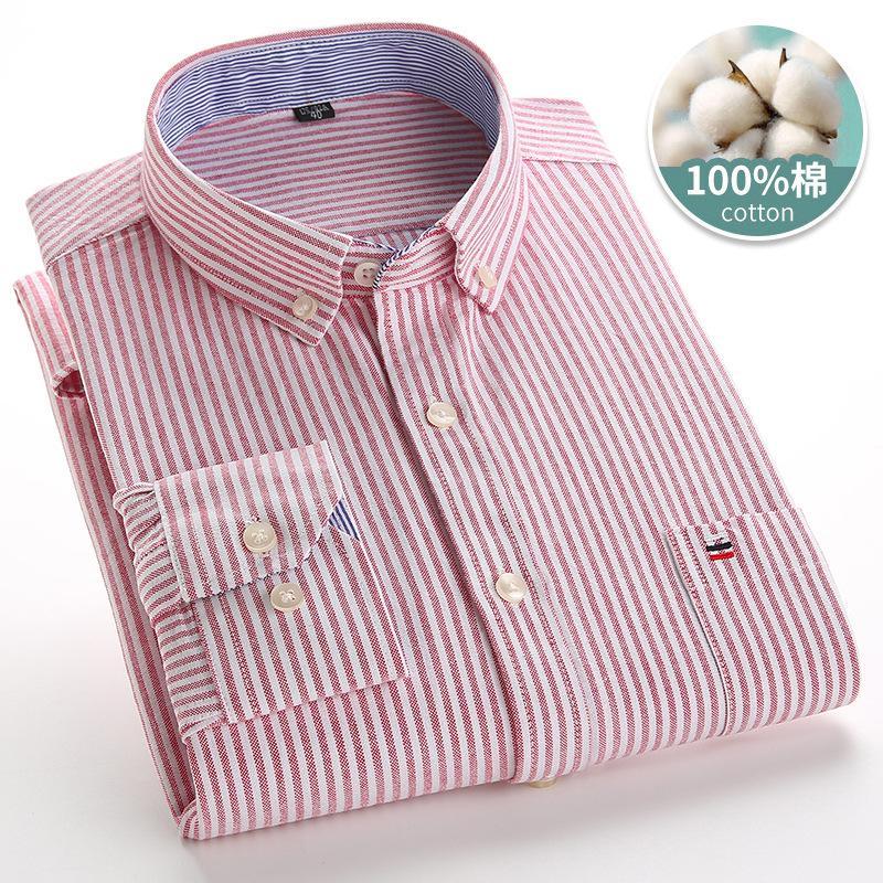 Autumn New Striped Long Sleeve Shirt Cotton Oxford Spinning Washed Casual Men's Cardigan Button Neck Shirt