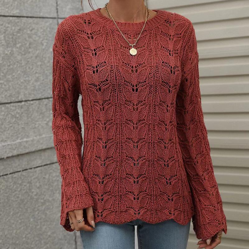 IHUASU Damen Herbst und Winter Strickpullover Einfarbig Häkeln Aushöhlen Pullover O-Ausschnitt Lockerer Pullover