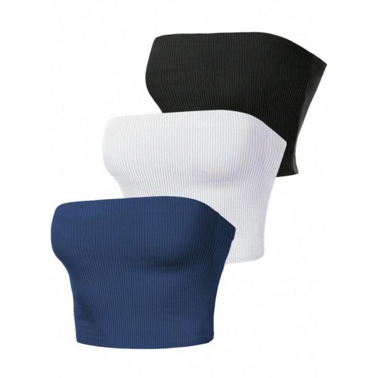 Women Ribbed Vest High Elasticity Anti-slip Bandeau Strapless Sleeveless Backless Tank Top Sweat Absorption Quick-drying Cropped Top