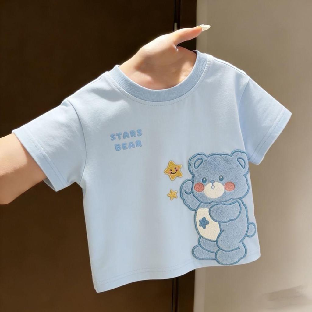 Summer Star Bear Embroidered Kids' Cotton T-Shirt - Cartoon Short Sleeve for Boys