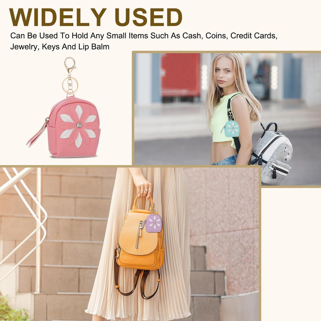 PATIKIL Women's Mini Backpack Keychain, Creative and Cute Flower Rhinestone Pendant Bag PU Leather Key Ring, Makeup Key Card Data Cable Organizer