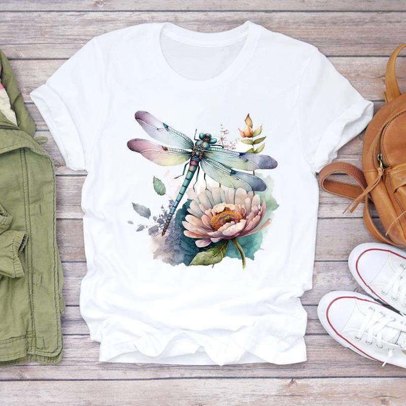 Women Print Lady Tee Top Dragonfly Flower Trend 90s Clothing Casual Short Sleeve Fashion Tshirt Female Graphic T-shirts