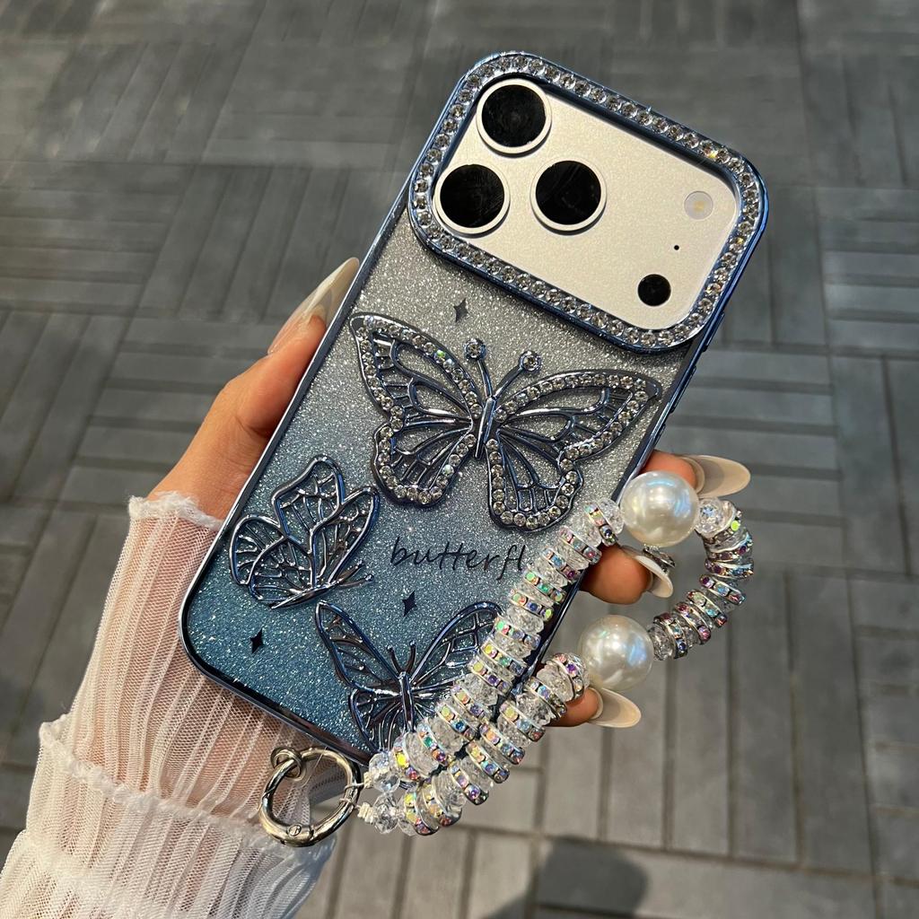 Apple 17Pro Case: Electroplated 3D Butterfly Rhinestone Design, Glitter Anti-fall Soft Cover for iPhone16.