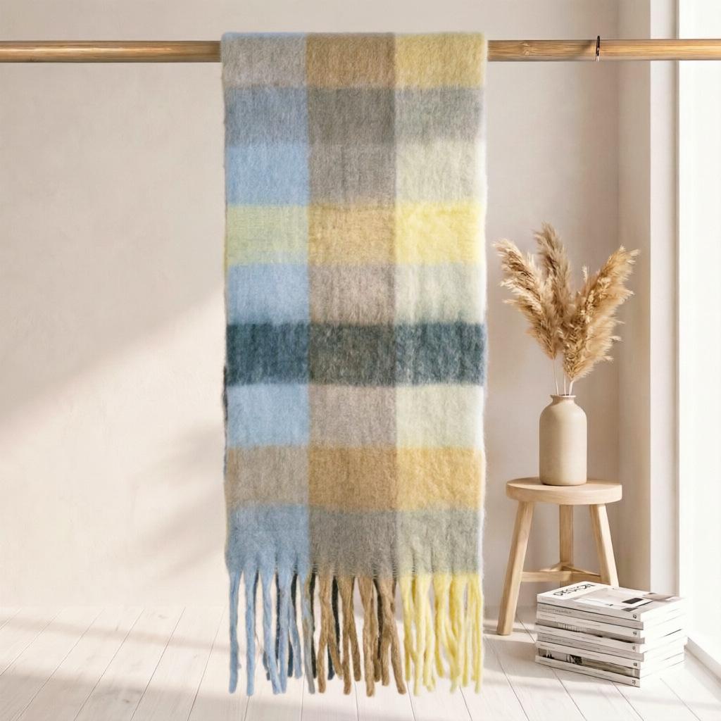 Women's High-Grade Colorful Plaid Mohair Scarf - Thick, Warm, and Versatile for Winter