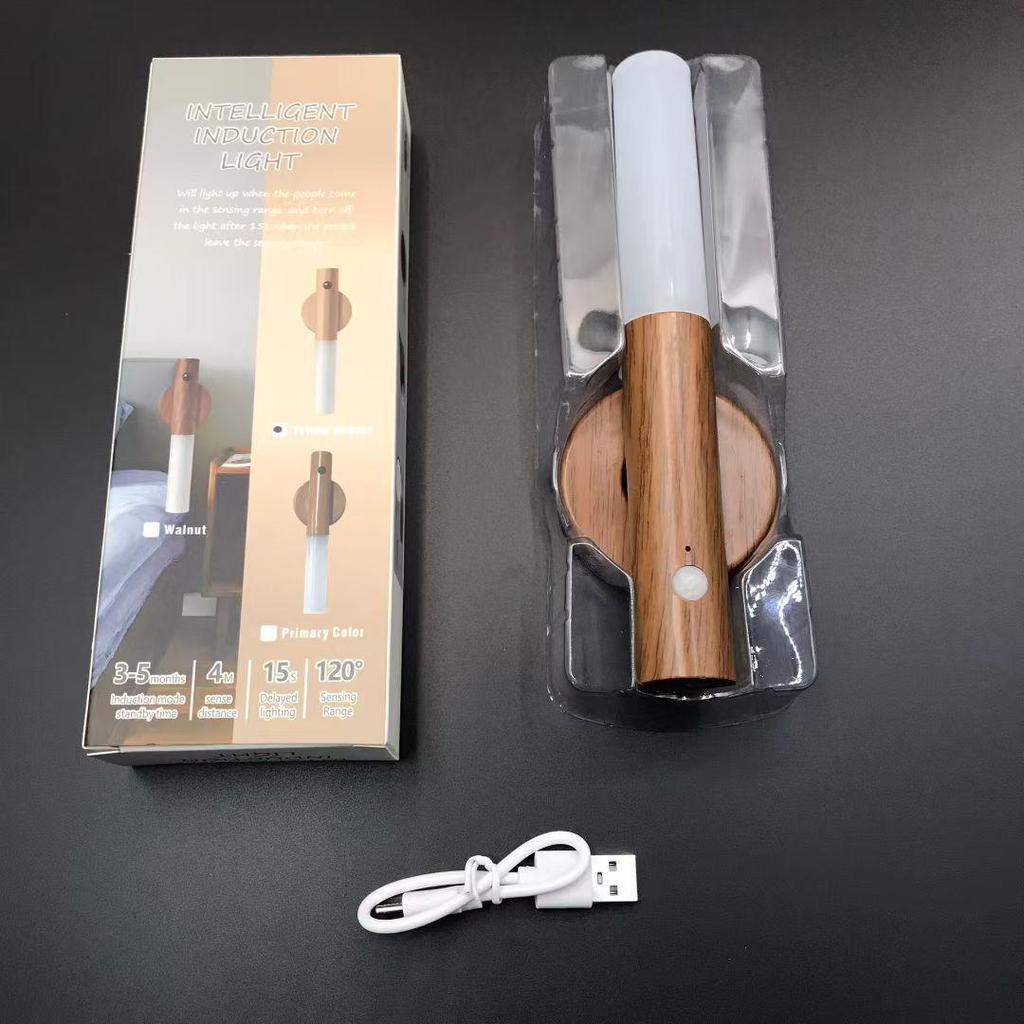 Wood Grain LED Sensor Night Light: Rechargeable, Magnetic, Auto Induction for Bedroom or Hallway