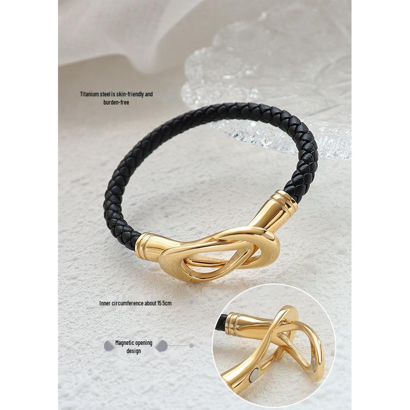 European-American Style Magnetic Oval Buckle Bracelet: PU Rope, Titanium Steel, 18k Gold, Handcrafted Jewelry Bangle Z218.