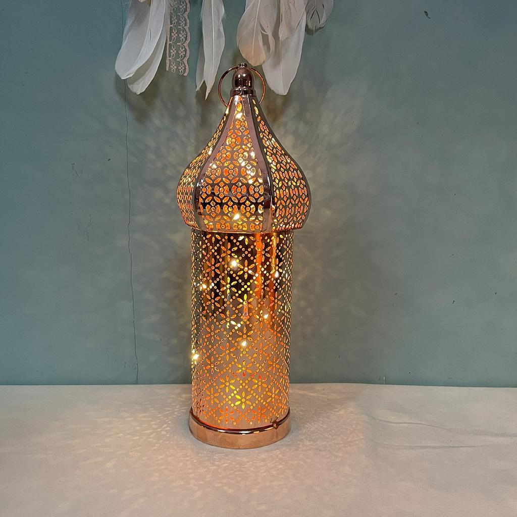 Golden Moroccan Lantern, Hollow Iron LED Light for Home Decor, Ramadan Eid Wedding, Indoor Outdoor Hanging Pendant Lamp - 1PC