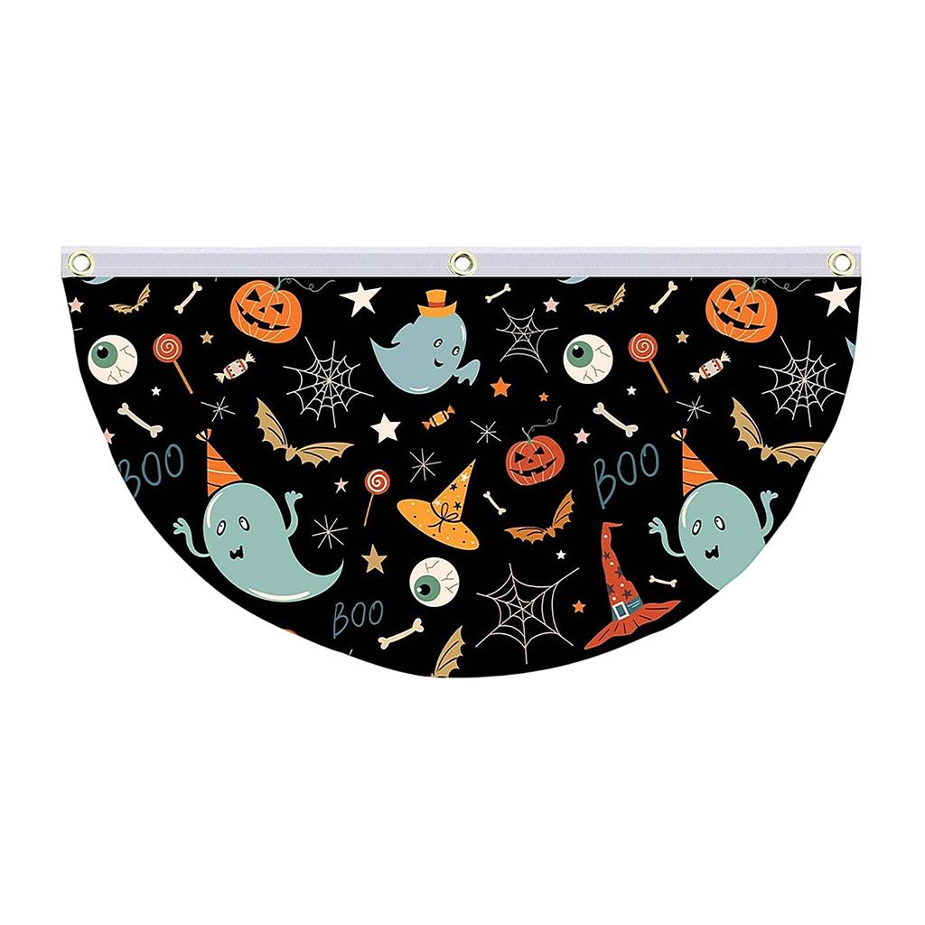 Halloween Theme Fan Banner 45x90cm Polyester Fabric Semi Circular Flag with Printed Ghost Pumpkin Bat Elements for Indoor Outdoor Decoration