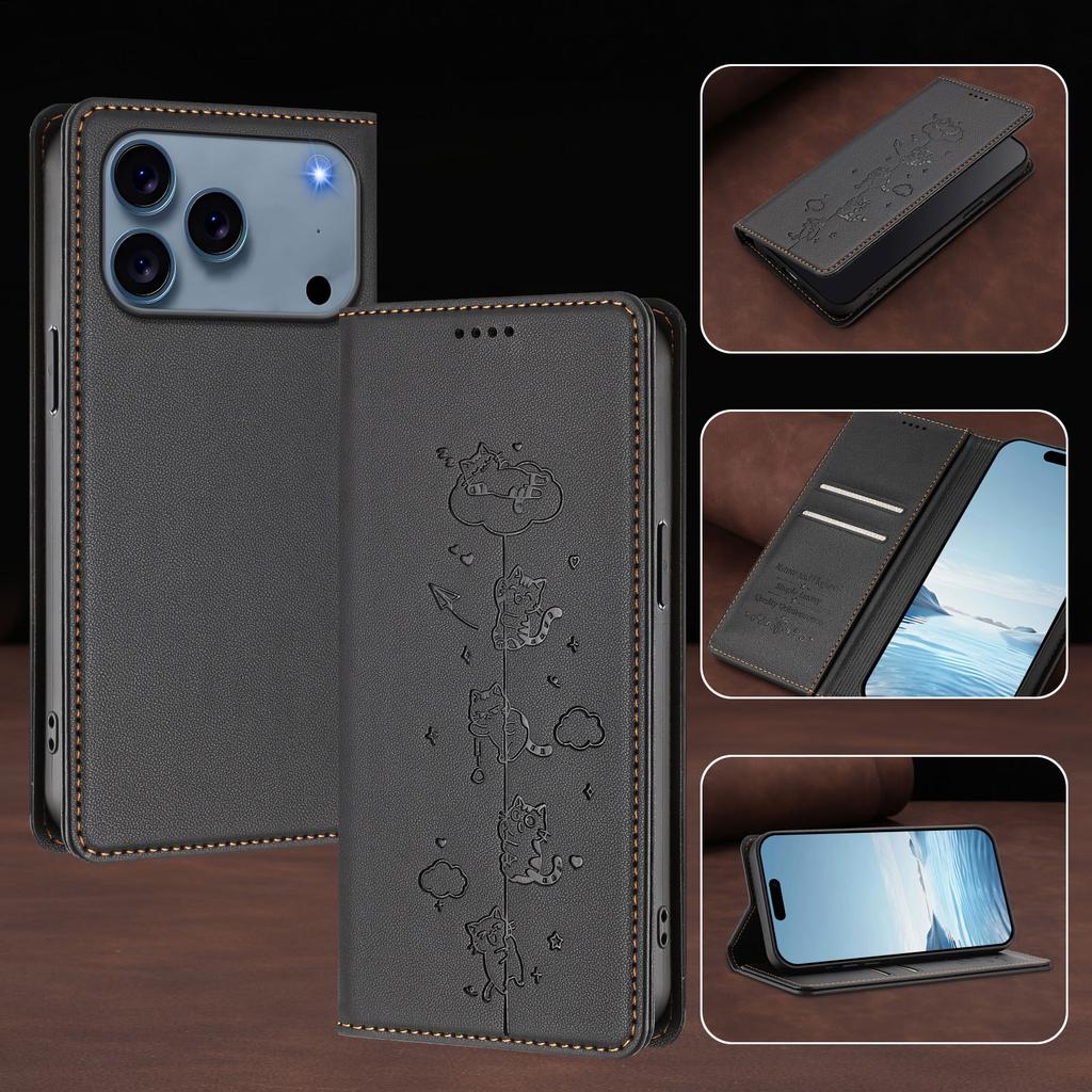 Cute Cat Magnetic Leather Flip Phone Case Wallet Card Holder Cover for iPhone 17 16 All Models / SE4 SE