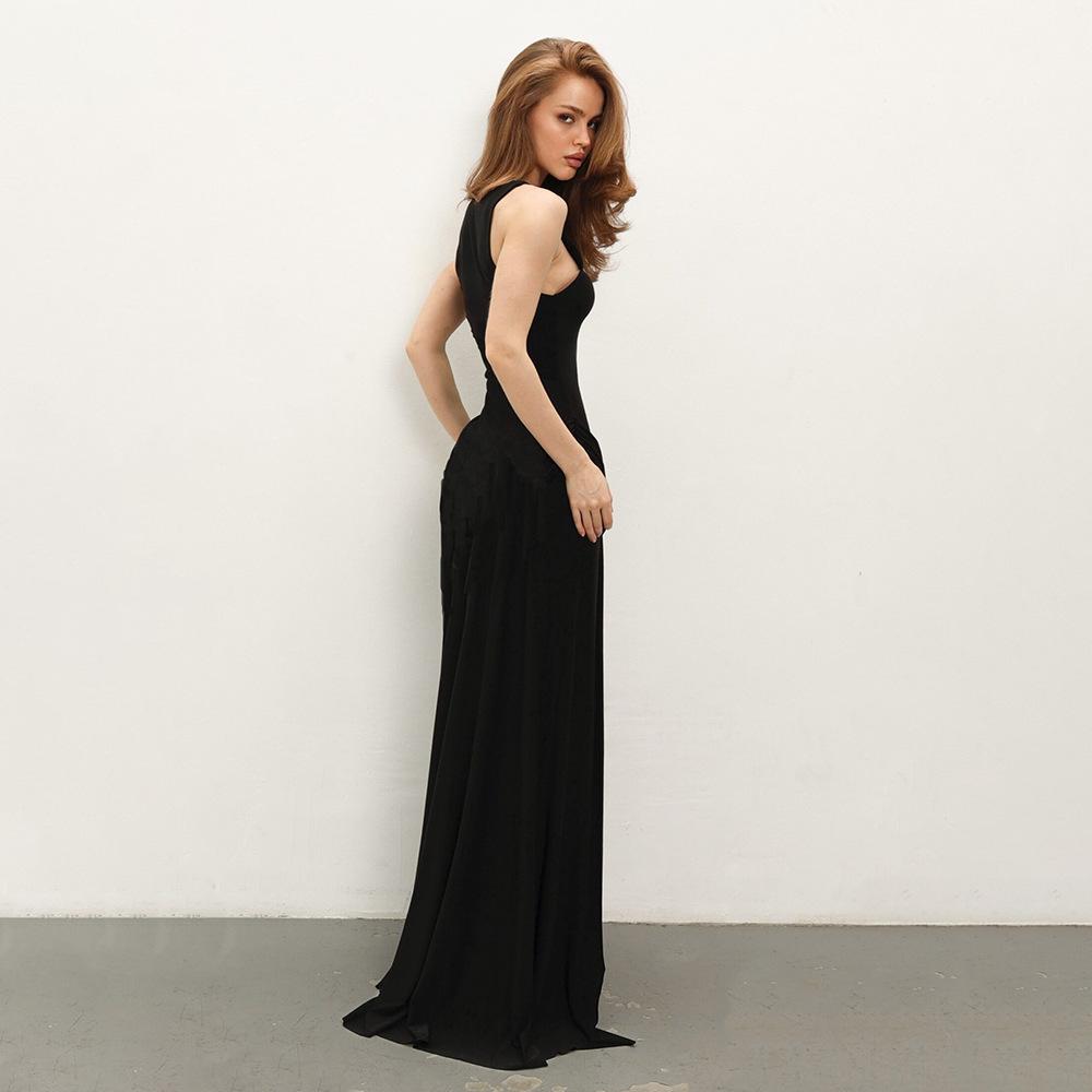 European and American summer elegant split pleated dress sexy sleeveless solid color floor mopping dress