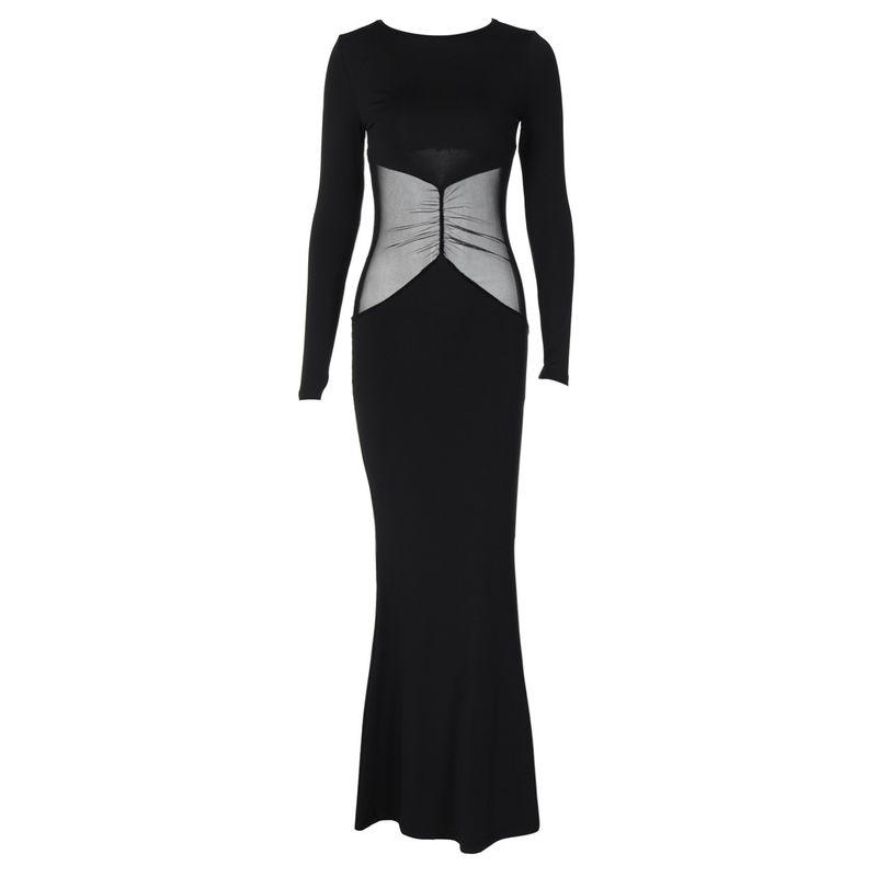 Outfitgirl Loose-Fit Sexy round Neck Pullover Long Sleeve Mesh Slim Fit Patchwork Hip-Wrapped Dress Slim Looking Dress