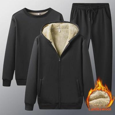 Dreiteiliges Sport-Set aus Plüsch-Lammfell, Pullover, Strickjacke und Hose mit Kapuze – warm und dick für Herbst und Winter