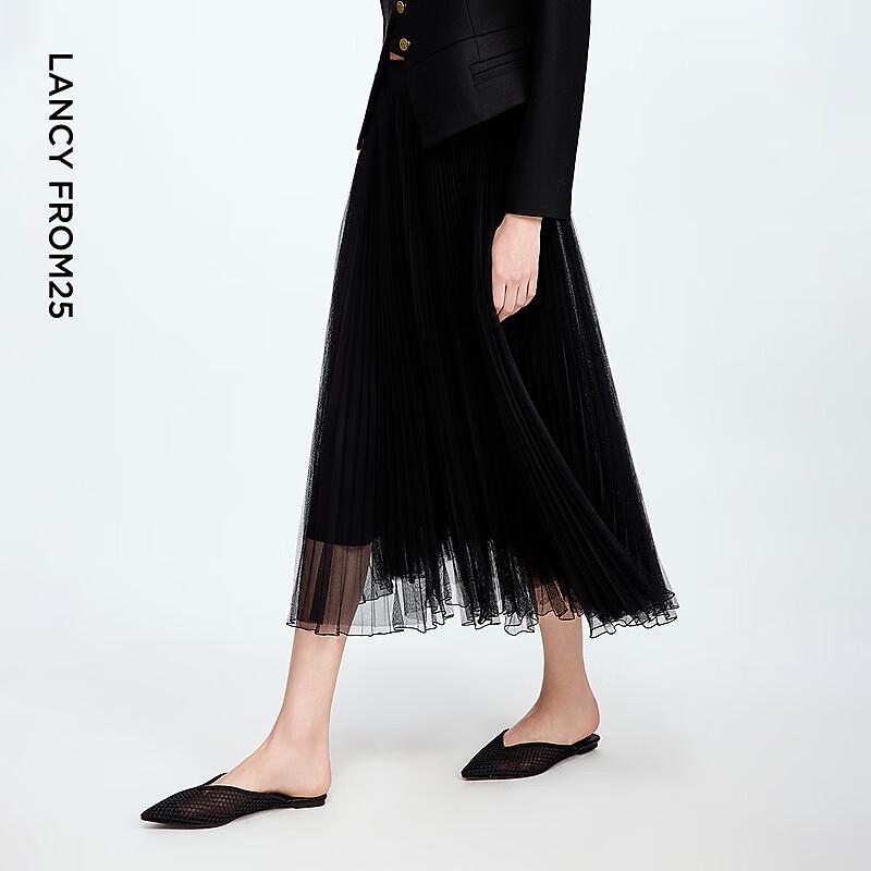 LANCY Flowy A-Line Pleated Mesh Midi Skirt