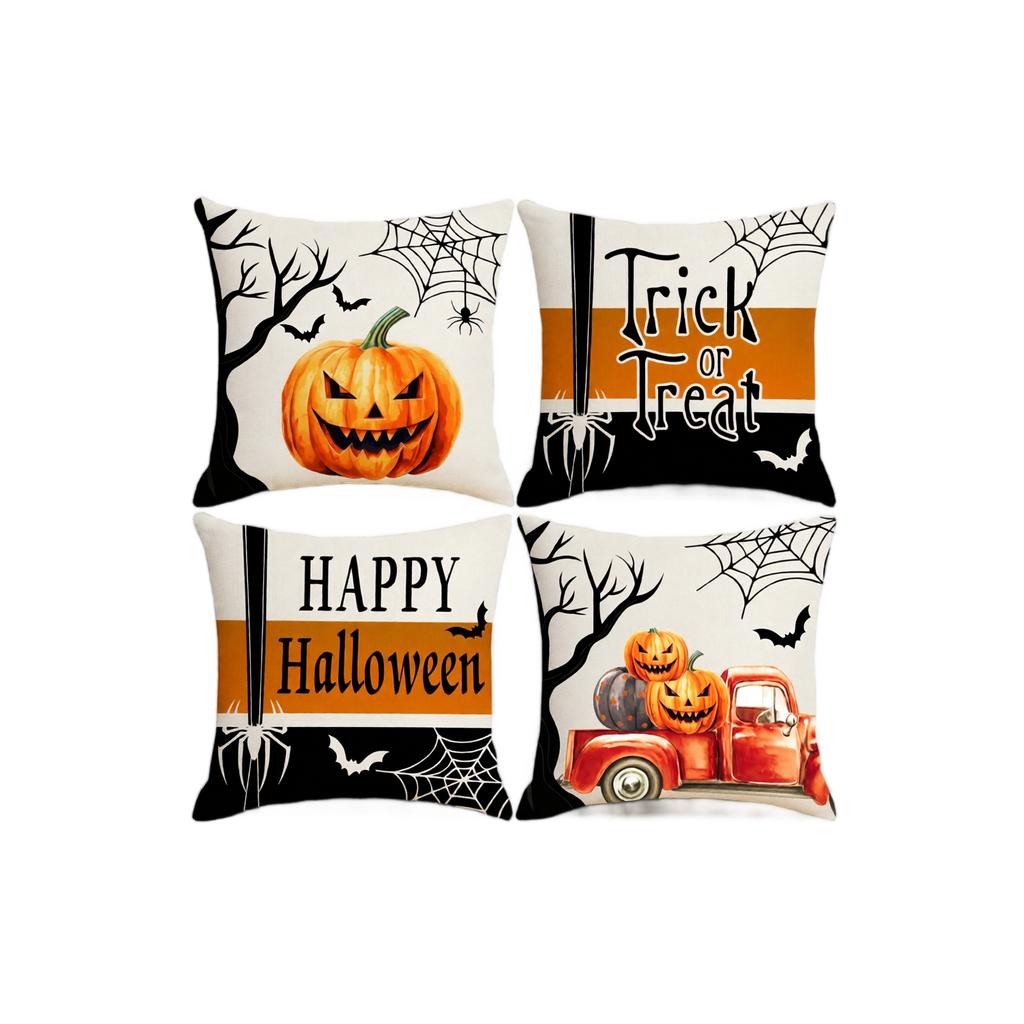 4PCS Halloween Pillow Covers Set Decorative Sofa Cushion Covers Skull Bat Skeleton Print Square Pillowcases 45x45cm Without Insert