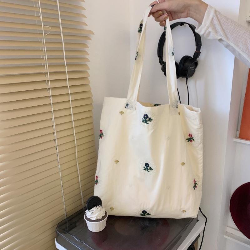 2 Bags Women's Embroidered Flower Canvas Bag Trendy Girl Shoulder Underarm Bag College Student Cloth Bag