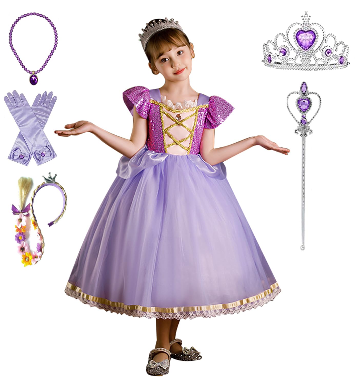 

QOOLY Rapunzel-style Dress for Kids, Disney Princess Dress, Halloween Costume, Purple, 130cm
