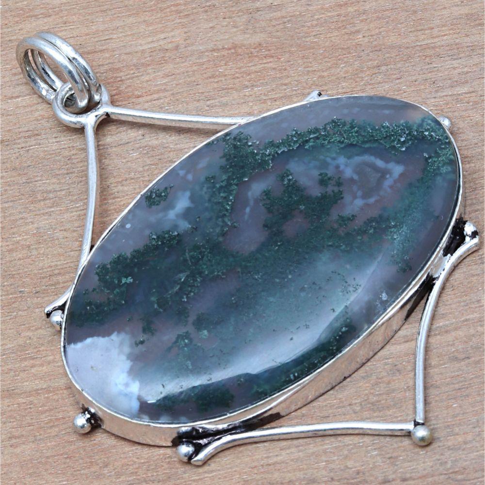Colar Ágata Musgo Gemstone Feito à Mão Jóia de Prata Antiga 2,25"