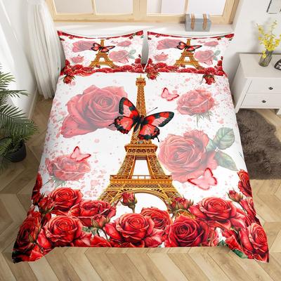 Eiffel Tower Duvet Cover,Watercolor Red Rose Bedding Set For Girls Adult Wild Butterfly Valentine'S Day Romantic Comforter Cover