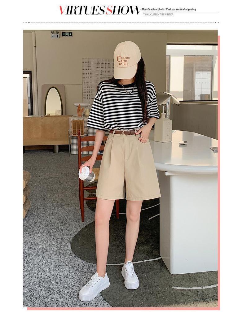 Khaki Women's Summer Cargo Shorts - Lightweight, Loose, A-Line, Mid-Length, High-Waist, 5-Point, Cotton Linen.