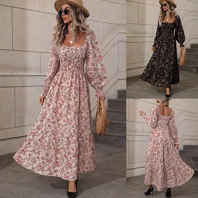 Floral Print Square Neck Long Sleeve Maxi Dress with Ruffle Hem, Elegant A-Line Summer Dress for Women