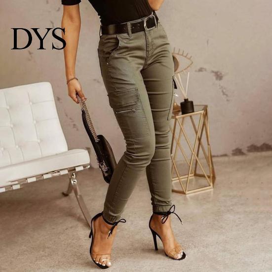 Casual Women Pants Cargo Pure Color Mid-rise Button Zipper Closure Trousers Multi Pockets Design Elastic Cuffs Long Comfortable