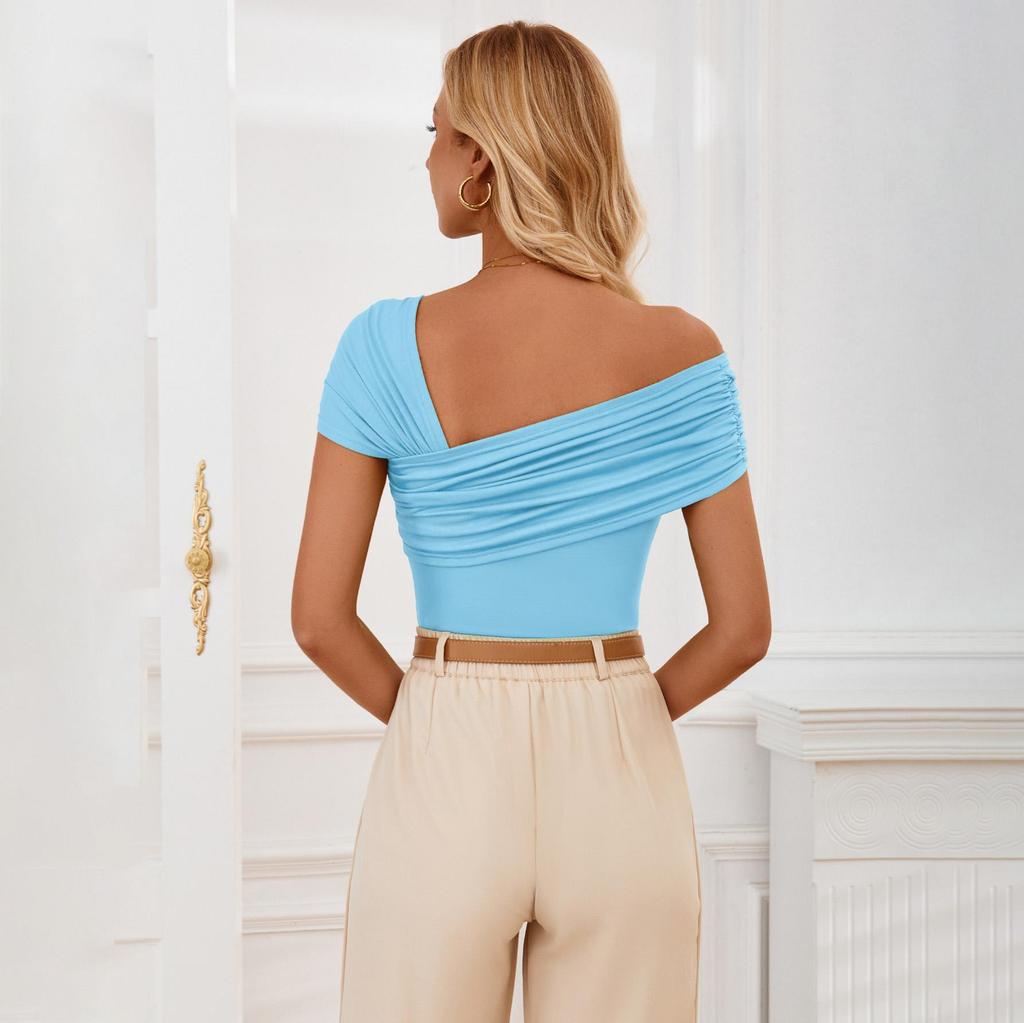 Spring Summer Casual Women'S Clothing Backless Solid Color One Shoulder Flower Decoration Sleeveless Tight Waist Collection Short Sleeved Top T-Shirt