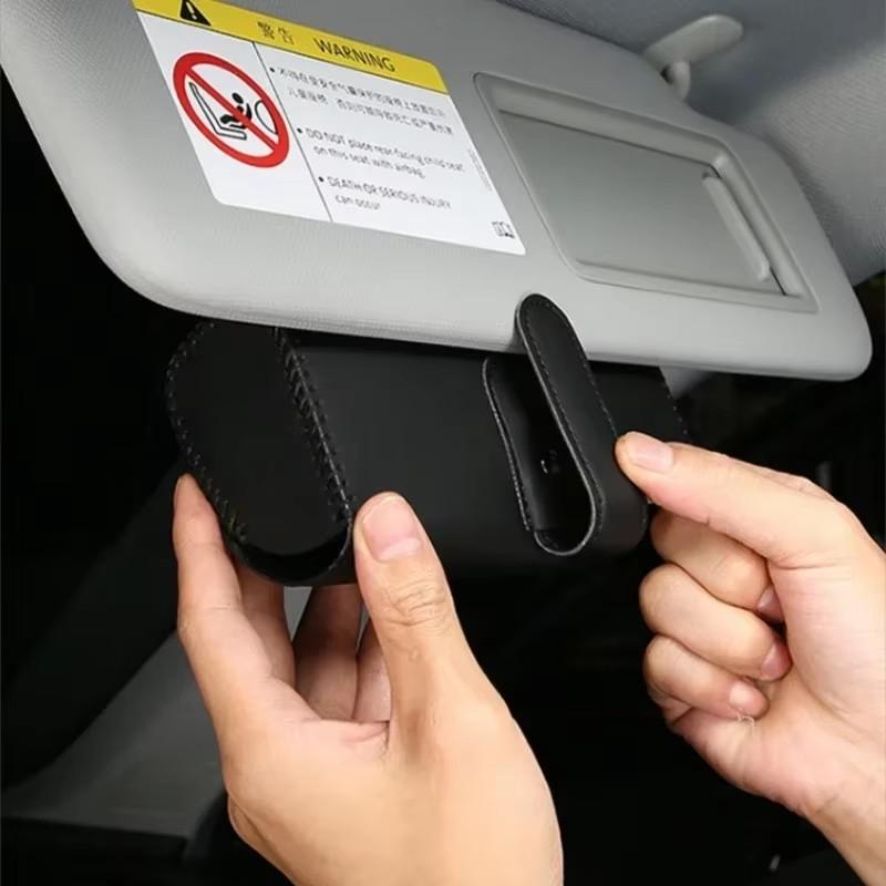 Car Visor Glasses Holder with Magnetic Closure - PU Leather Eyeglasses Storage Clip - Vehicle Sun Visor Organizer Accessory