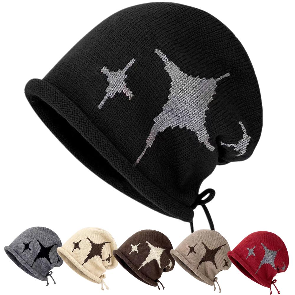 Woman Loose Beanie Hat Casual Drawstring Design Pile Hat Female Streetwear Outdoor Fashion Winter Knitted Hat