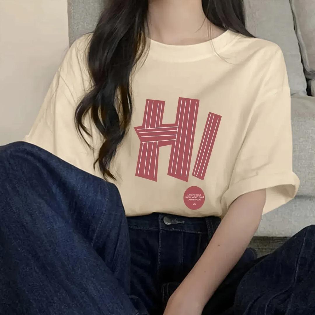 

Korean Fashion Women T-shirt Simple Letter H! Printed Tees Summer O-Neck Loose Tops Street Casual Female Clothes XS
