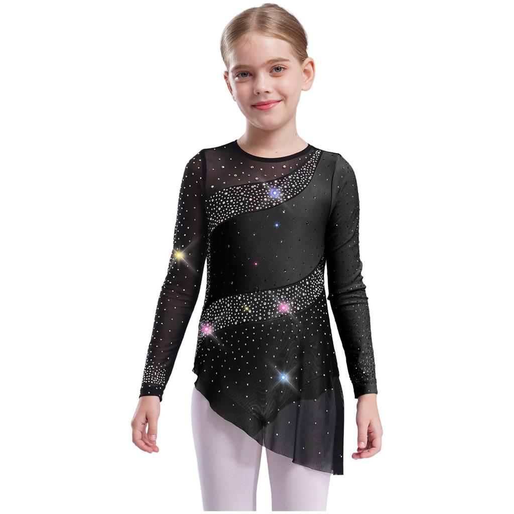 Girls Gymnastics Costume Long Sleeve Sheer Mesh Design Patchwork Sparkling Rhinestones Color Block Leotard