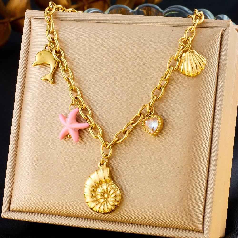 Fashion Vacation Ocean Drop Oil Dolphin Pearl Shell Starfish Chunky Chain Necklace