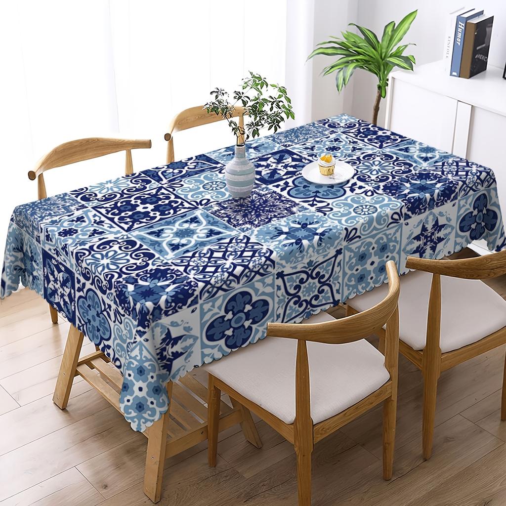 Blue Tile Patchwork Rectangle Tablecloth for Table Decor Elegant Bohemian Style Kitchen Dining Table Cloth Holiday Party Decor