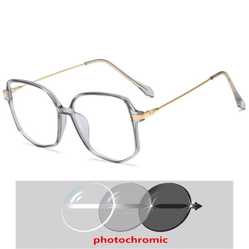 Oversized Polygon Myopia Glasses Women Transparent Green Frame Photochromic Diopter 0 To -6.0 Prescription