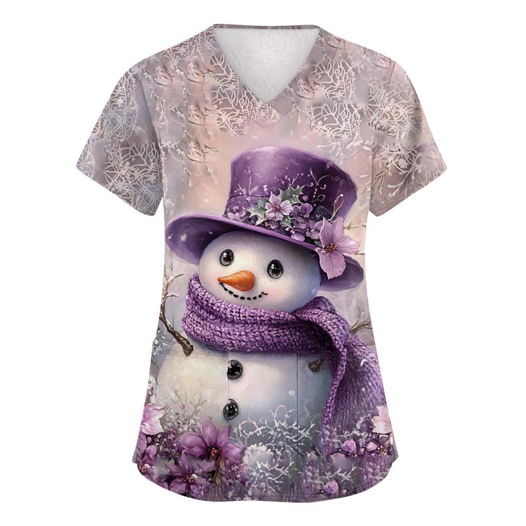 Women's V-neck Christmas Printed Short-sleeved Pocket Side-slit Protective Suit Top