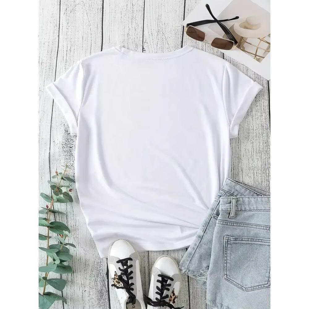 Plus Size Casual T-shirt Women's Plus Heart & Sunflower & Letter Print Short Sleeve Round Neck Slight Stretch T-shirt