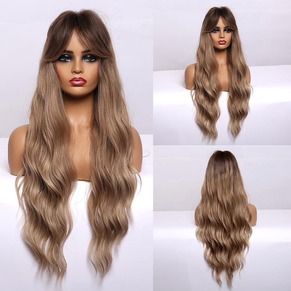 ALAN EATON Long Water Wave Ombre Dark Brown Wigs for Black Women Afro Cosplay Daily Hair Wigs with Bangs High Temperature Fiber