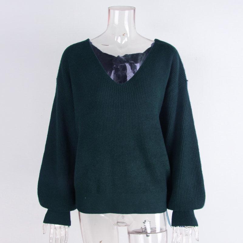 European & American V-neck Bowknot Sweater - Women's Casual Autumn/Winter Long Sleeve Loose Top