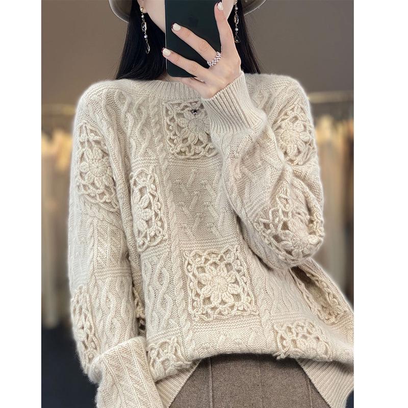 Women's 100% Pure Wool Crochet Loose Round-Neck Sweater - Heavy-Duty Trendy Base Layer