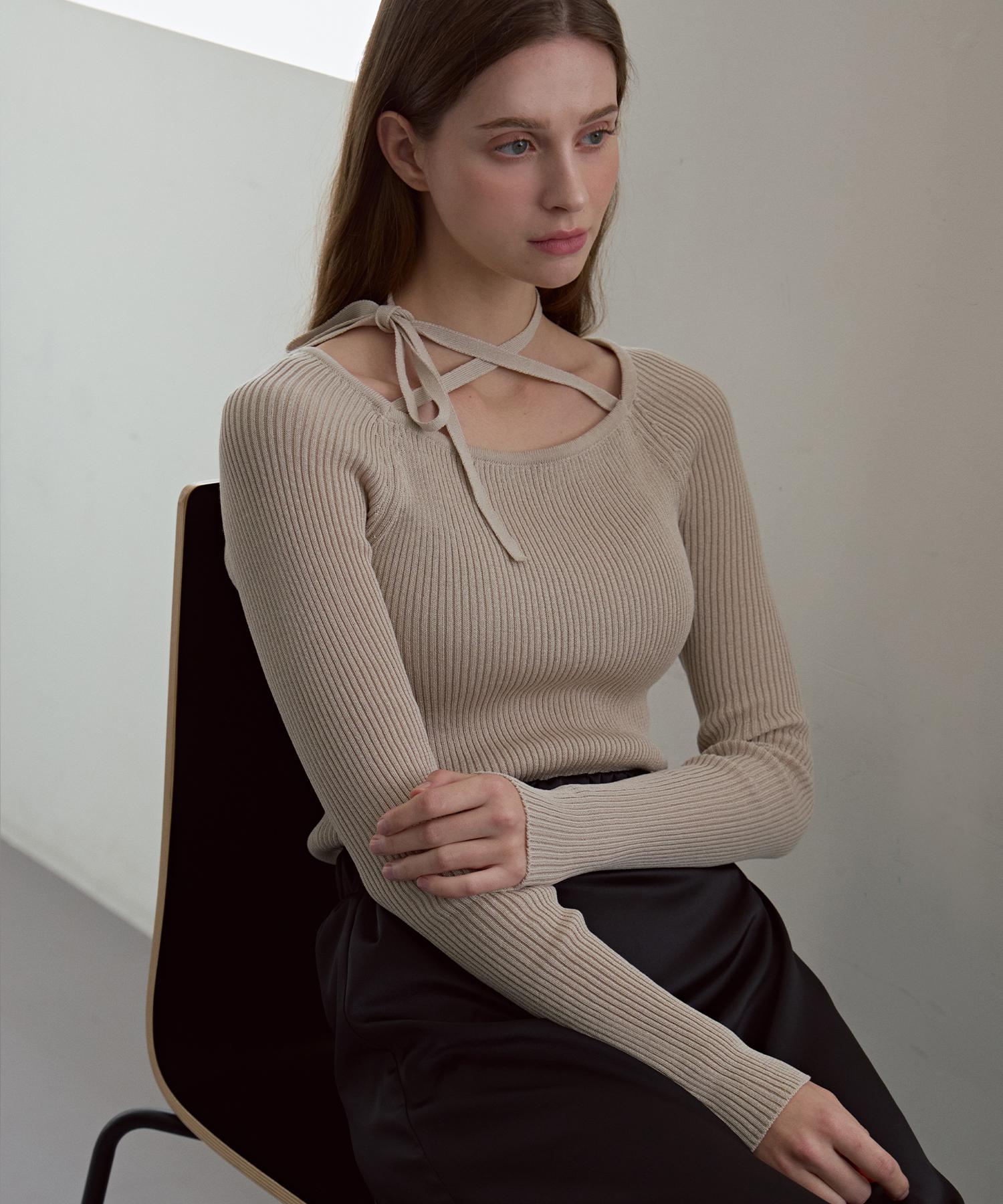 Odier Ribbon Strap Ribbed Pullover - Sand Beige Sand Beige/One