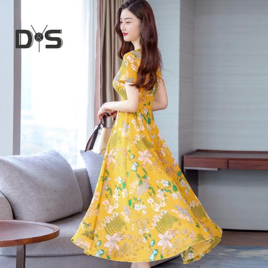 Dámské letní šaty s květinovým potiskem Plážové šaty do půli lýtek s upnutým pasem Krátký rukáv s kulatým výstřihem Šaty do A na prázdninové párty