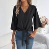 Damen Chiffon Bluse Lässig V-Ausschnitt Dreiviertelarm Knopfleiste Knoten Front Top
